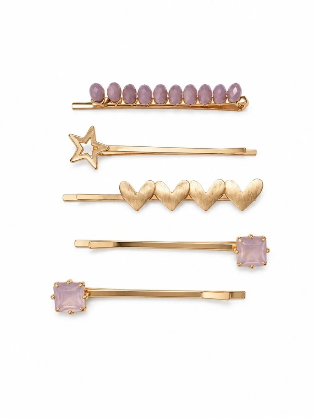 NEW - 5PC Anthropologie Gold, Amethyst, Hearts & Star Bobby Pin Hair Accessories